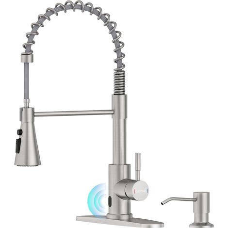 Robinet de cuisine à ressort sans contact - 1 unité - Acier inoxydable - Pulvérisateur extractible - Pour évier moderne - Chromé (1/5)