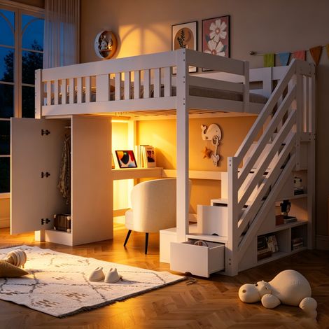 Letto a soppalco 140x200 cm bianco in legno con scrivania e LED (1/5)