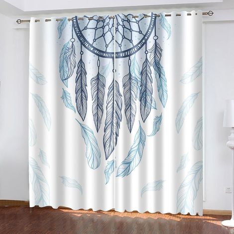 Rideaux à Oeillets pour Chambre d'enfants - Attrape-rêves Plumes Bleues Fantasy 104X84 Pouces Rideaux 3D - Rideaux perforés Opaques d'intérieur - Isolation et réduction du Bruit - Applicable à la Cham (1/5)