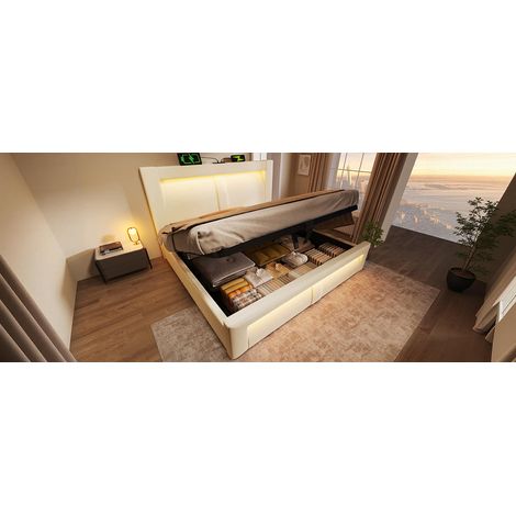 Cama 140x200 cm de terciopelo beige, con almacenaje y LED, ahorra espacio, sin colchón – MEUBLIV (1/5)