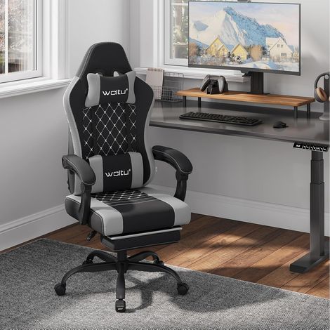 Woltu – Chaise gaming massante avec coussin à ressorts – Soutien lombaire ergonomique – Tissu maille – Charge 150kg – Noir et gris