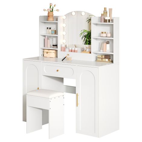 Grande coiffeuse avec éclairage LED réglable miroir et taboure blanche Idéale pour la chambre Dimensions 110 x 40 x 132 cm