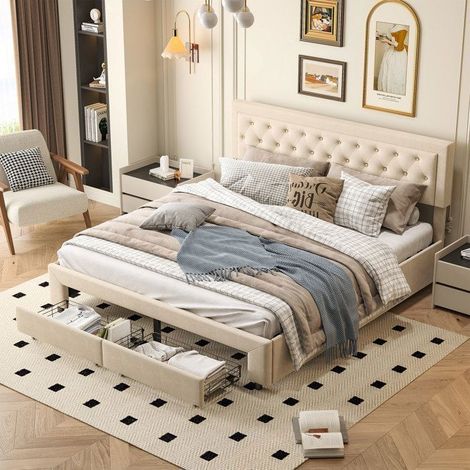 Lit coffre - 240422QDZ - 160x200 cm - Velours beige - Hydraulique avec 2 tiroirs (1/5)