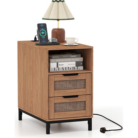 COSTWAY Narrow End Table with Charging Station Brown (1/5)