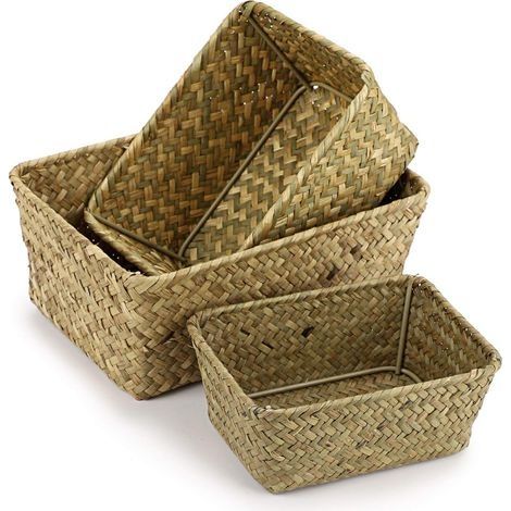 Panier de rangement en jonc de mer, panier de rangement rectangulaire tissé à la main, ensemble de trois pièces (1/4)
