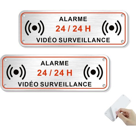 Lot 2 Panneaux Alarme Vidéo Surveillance 15x5cm – Dissuasion Maison Panneau en aluminium brossé. Fixation adhésive ou vissée. Idéal pour maison, bureau ou commerce. Dissuasion efficace 24h/24. (1/5)