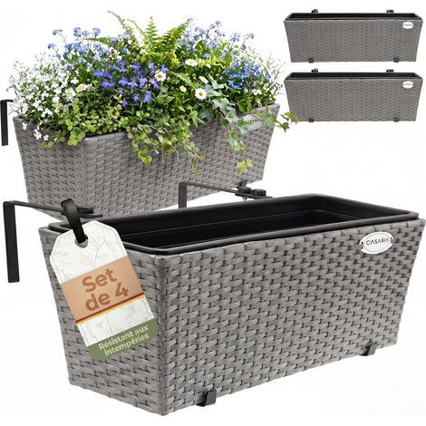 Casaria – Lot de 4 bacs à fleurs 11L en polyrotin – Support de montage réglable 5-14 cm – Résistant aux intempéries et UV – Couleur au choix