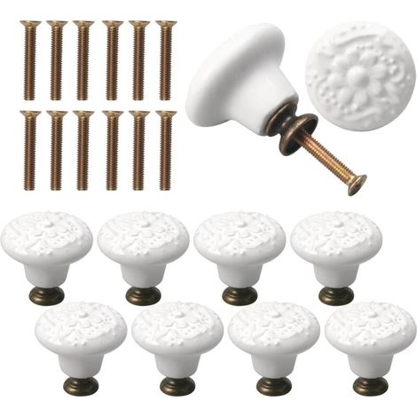 10 Pièces Bouton de Meuble Porcelaine 34mm - Vintage pour Portes, Placards, Tiroirs, Buffets - Avec Vis (Blanc) (1/5)