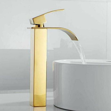 Robinet salle de bain lavabo haut cascade bec pour vasque,Mitigeur eau froide et chau moderne carré chromé trou simple (Doré) (1/4)