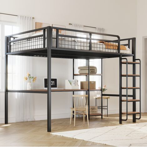 Cama alta dormitorio con escritorio y estantes negra OKMYHOME (1/5)