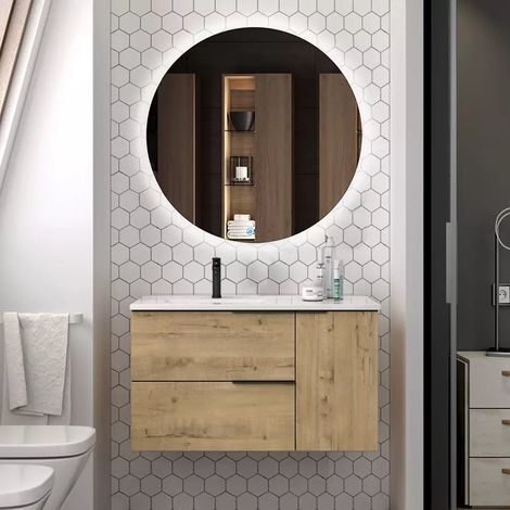 Meuble de salle de bain vasque déportée - roble (chêne clair) - KING et miroir Led SOLEN - 80cm (1/5)