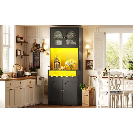 Lot de 2 buffets hauts noirs 180cm, avec LED RGB par application, portes vitrées, casier à vin & anti-bascule, étagères réglables (1/5)