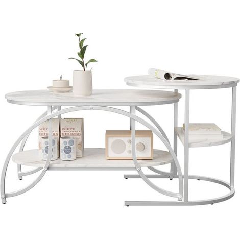 Tavolino - Gigogne Doppio Piano - Marmo Bianco - Piedi in Metallo Bianco - 80x46cm o Ø52cm
