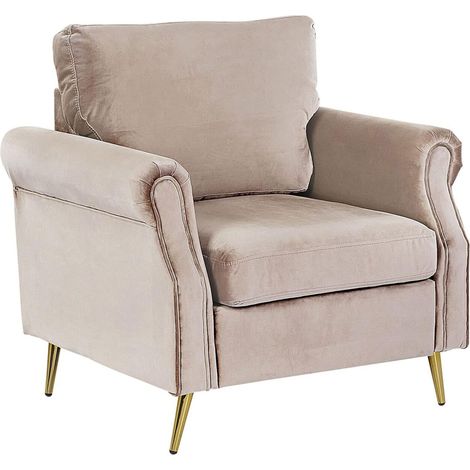 Fauteuil Rembourré en Velours Taupe avec Pieds en Acier Doré Ajout Parfait à Chaque Chambre ou Salon Glamour Classique et Traditionnel (1/5)
