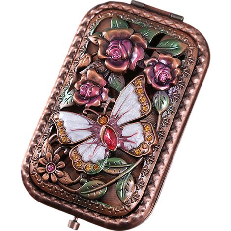 Miroir de poche pliable double face en métal cuivré style européen, petit miroir portable rétro, idéal pour le maquillage et le maquillage des femmes. (1/5)