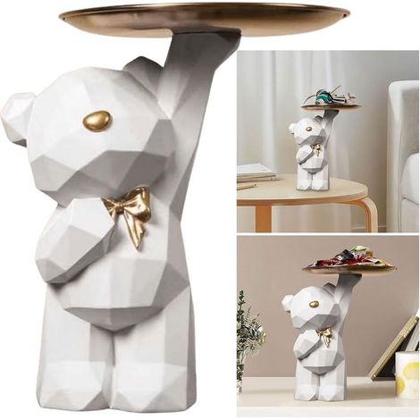 Plateau Clé Entrée Sculpture Ours en Résine, Organisateur Porte Clé, Rangement Bijoux, Statue Ours avec Bol, Accessoires B-blanc (1/5)