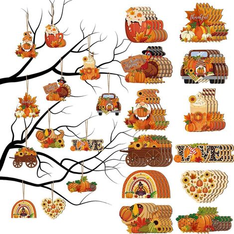 Ornement Bois Automne - Décoration Arbre Fête Récolte Citrouille Feuille Érable Nain - 12 Pièces (1/5)