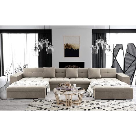 Tendencio – Canapé d'angle panoramique XXL en U – Tissu 100% polyester – Longueur 390 cm – Profondeur 160 cm – Hauteur 76 cm – 3 coussins inclus