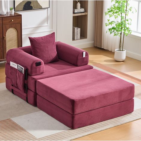 Canapé modulable en velours côtelé avec ottomane, structure métal, 190x112x67 cm, rouge vin, OKWISH (1/5)