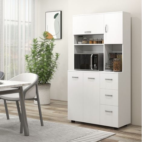 Buffet de cocina 89x39.5x168 cm blanco en madera con 3 cajones y estantes ajustables (1/3)
