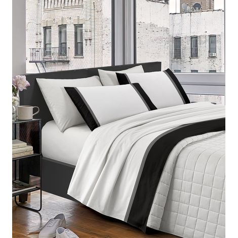 Completo Letto Lenzuola 100% Raso Di Cotone Con Balza Applicata Stampa Digitale Nel Lenzuolo Sopra E Federe Sotto Due Piazze Con Angoli Elastici Tinta Unita Grigio - Matrimoniale (1/4)