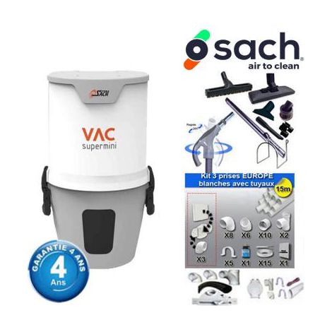 Centrale d'aspiration SACH VAC SUPER MINI garantie 4 ans (jusqu’à 300 m²) + Set inter 9 M + 8 accessoires + kit 3 prises + kit prise balai + kit prise garage (1/5)