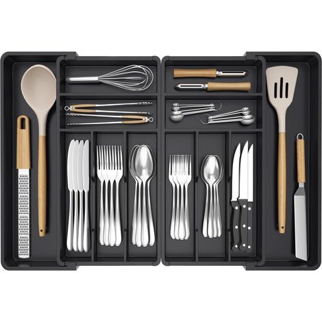 Grand Range Couverts, Largeur de 46 à 70 cm, Organisateur Couverts Réglable pour Tiroirs, Profondeur 42,4 cm, Rrangement de Cuisine Amovible, Porte Ustensiles pour Fourchettes/Couteaux, Noir (1/5)