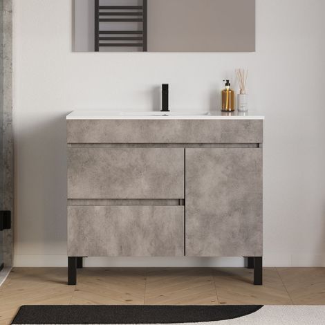 Meuble de salle de bain 90cm simple vasque sur pieds avec porte et tiroirs - sans miroir - ciment (gris) - LAZARO (1/5)