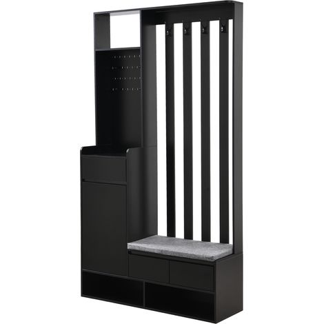 Meuble d’entrée avec banc rembourré, meuble à chaussures et panneau perforé noir 180x100x35 cm (1/5)