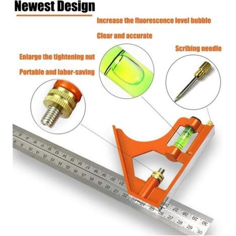 Règle d'angle de Combinaison Angle Combiné en Acier Inoxydable 300 mm Équerre Dombinée Règle de Positionnement avec Niveau à Bulle Outil de Menuisier pour Mesures D'angle de Charpentier à 45 ° / 90 ° (1/4)