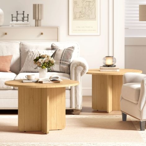 Table basse ronde, table de salon en bambou avec piètement croisé, naturel (1/5)