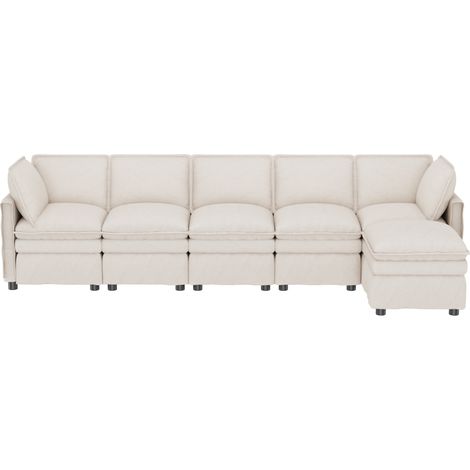 Canapé modulaire XXL 6 places avec fonction lit, tissu chenille beige, avec pouf mobile, cadre bois massif (1/5)