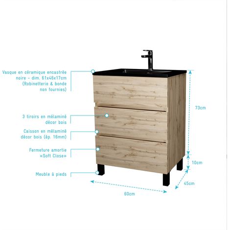meuble de salle de bains 60 cm 3 tiroirs chêne naturel + vasque céramique noire - timber — vue 4