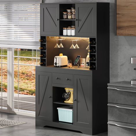 Buffet de cuisine avec LED et prises intégrées meuble haut avec rangement ouvert et fermé plan de travail en MDF noir 105x40x180 cm (1/5)