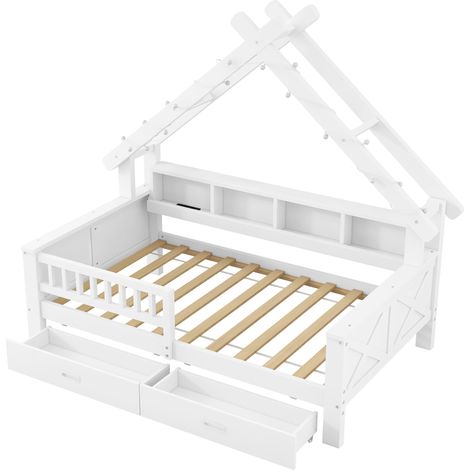 Letto a casetta per bambini 90 x 200 cm bianco con LED, ripiani, 2 cassetti e sponde di protezione (1/5)