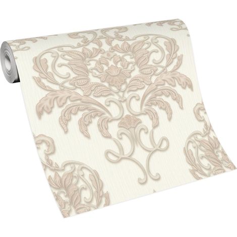 Papier peint baroque beige motifs larges | Tapisserie salon baroque chic | Papier peint intissé damassé salon & chambre (1/5)