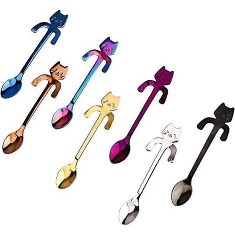 Lot de 7 cuillères à café chat en acier inoxydable, à suspendre, mini cuillères à thé avec un adorable motif de chaton, pour mélanger le thé, les desserts, les boissons et les milkshakes (multicolores (1/5)