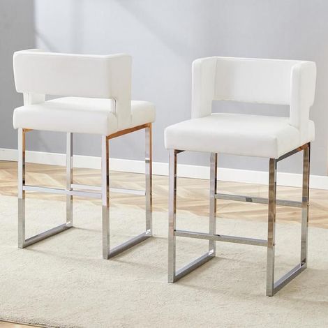 Tabouret de bar - KOMHTOM - style nordique - siège rembourré PU - pieds métal argenté - lot de 2 (1/5)