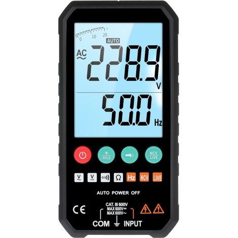 Digitales Multimeter mit 6000 Messpunkten, hintergrundbeleuchtetem LCD-Display, misst Wechsel- und Gleichspannung, Widerstand, Frequenz, Durchgang und führt NCV-Tests durch.