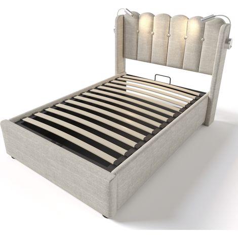 Cama con almacenaje 90x200 en lino con luz de lectura y USB HOMVRA (1/5)