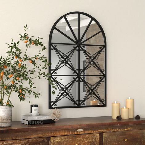 Miroir à Fenêtre Arquée 58 x 87 cm Miroir Décoratif Mural avec Cadre en Métal Miroir de Décoration à Fenêtre Suspendue Noir (1/3)