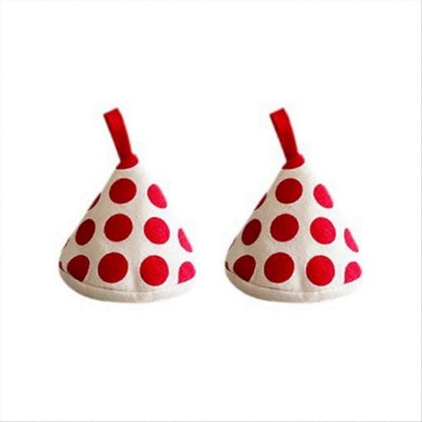 Gants isolants anti-brûlure rouges pour poignées de casseroles triangulaires. (1/5)