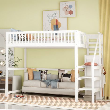 Lit mezzanine 140x200 cm en bois blanc avec escalier, étagères de rangement et armoire intégrée (1/5)