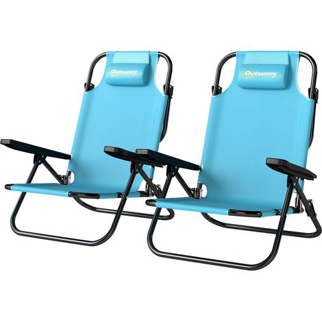 Chaises de plage pliables bleu clair 5 positions dossier appui-tête accoudoirs lot de 2 63x75x80cm
