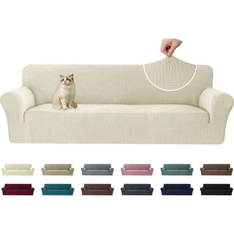1 Housse Canapé 4 Places, Extensible, Antidérapante, Polyester, Beige, Salon
