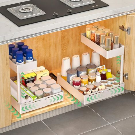 Organisateur de Rangement Sous Évier Cuisine en Métal – Système Extractible et Réglable en Hauteur, Aménagement Universel pour Placard de Cuisine et Salle de Bain (1, Nero) (1, Blanc) (1/5)