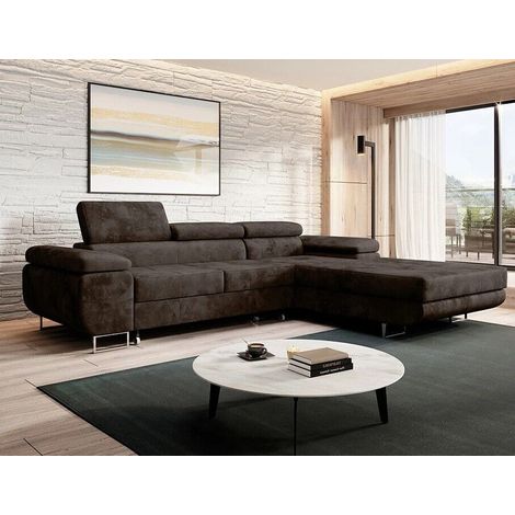 Alvaro Velvet Left Hand Facing Corner Sofa Bed with Storage and Lift Mechanism - Brown (1/4)