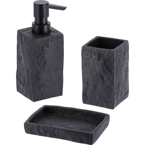Set gobelet distributeur a savon et porte savon polyresine effet pierre - noir - Tendance (1/2)