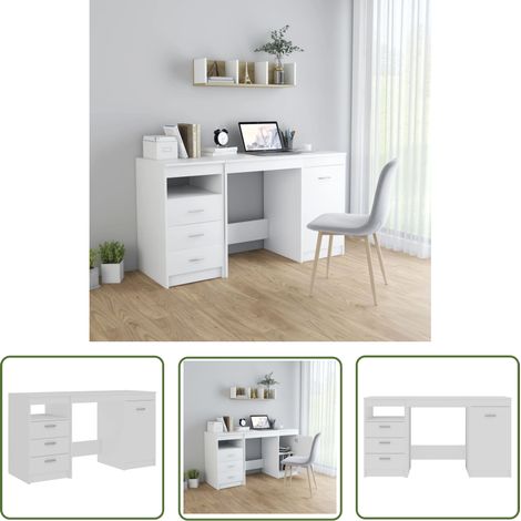 Torana – Bureau droit blanc 140x50x76 cm en aggloméré – 3 tiroirs et 1 porte – Espace de rangement optimisé – Facile à nettoyer (1/5)