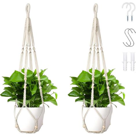Support Plante Suspendu (Lot de 2), 90 cm avec Crochets. Tressé en Coton, pour Pots ≤23 cm. Décoration Bohème pour Salon, Balcon ou Fenêtre. (Pots et Plantes Non Inclus) (1/4)